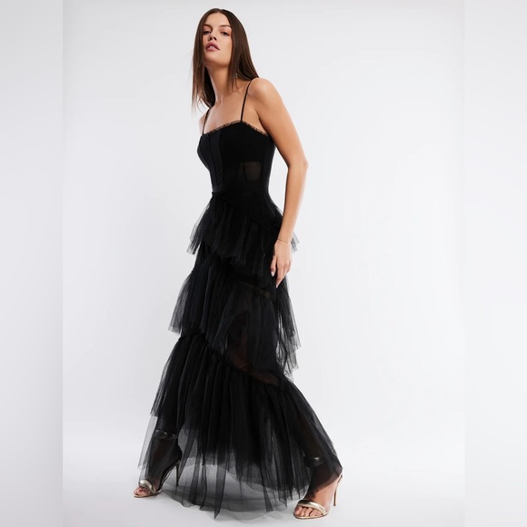 BCBGMAXAZRIA Sheer Tiered Ruffle Gown - in black Size 4 - Picture 5 of 11